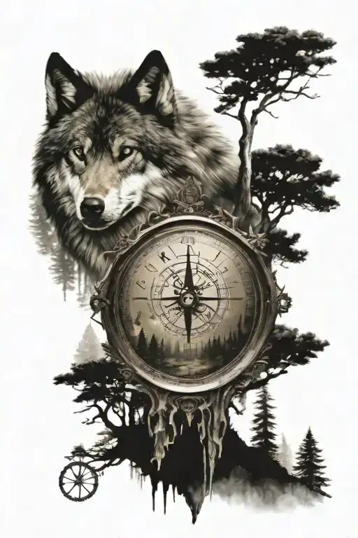 forest landscape wolf warrior forest landscape compass  tattoo design idea