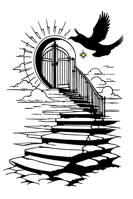 stair way to heaven with gates and a dove and sun and clouds  tattoo design idea