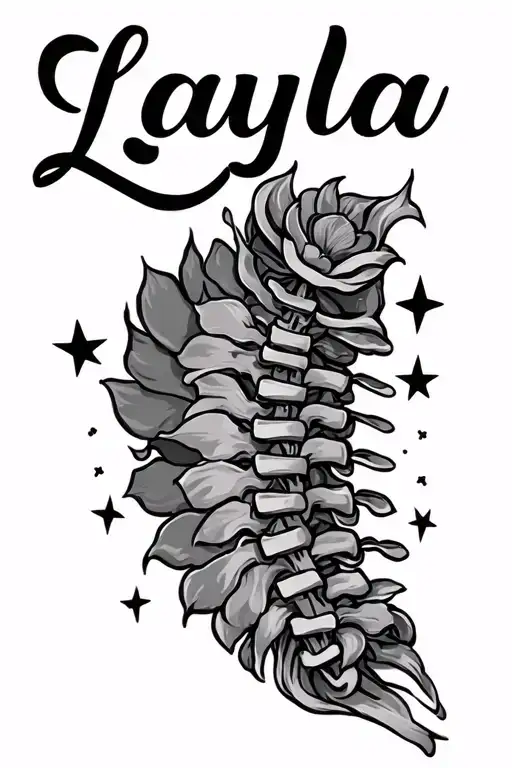 starting at the upper back going down the spine. The name Layla in cursive with a few stars toward the top of the back. tattoo design idea