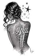 starting at the upper back going down the spine. The name Layla in cursive with a few stars toward the top of the back. tattoo design idea