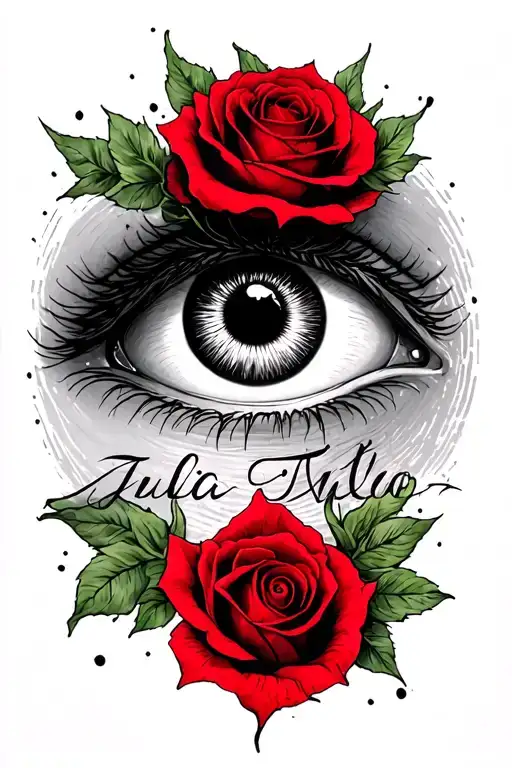 evil eye, thumbprint, name "Julia", red rose tattoo tattoo design idea