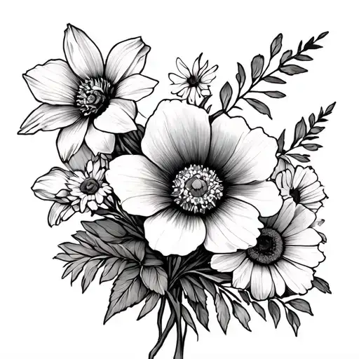 rose daffodil poppy honeysuckle daisy bouquet SMALL tied tattoo design idea