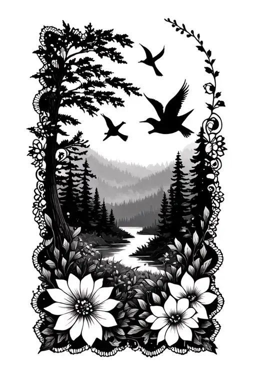 floral lace with cute birds flying in forest scene  tattoo design idea