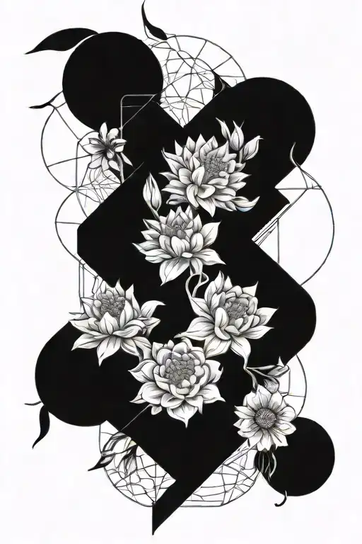 chrisanthemum, roses, gladiolus, lily flowe with the flower of life in rhe background  tattoo design idea