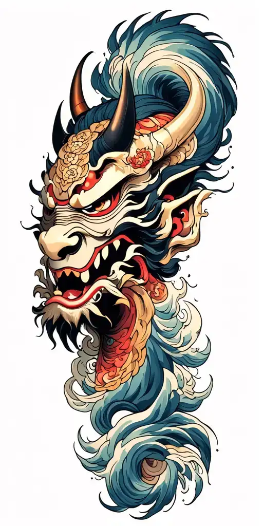 oni demon mask, finger waves crashing tattoo design idea