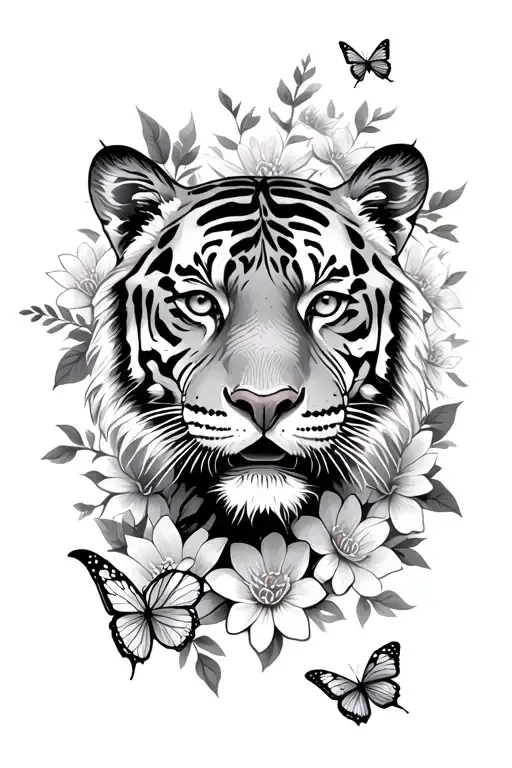 tiger head surrrounded by flowers and butterflies fluttering tattoo design idea