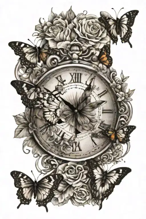 butterfly clock tattoo design idea