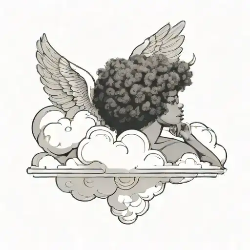fine line angel on cloud with afro tattoo design idea