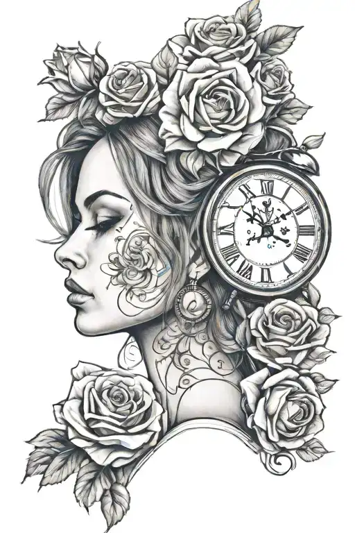woman head with one clock up on time 22:45 black and white with roses  tattoo design idea