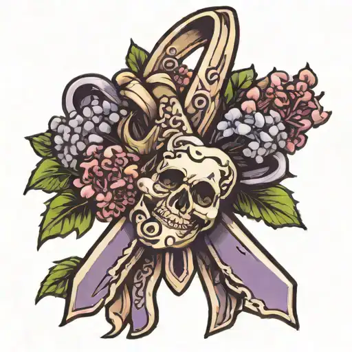 Lilac flowers colon cancer ribbon tattoo design idea