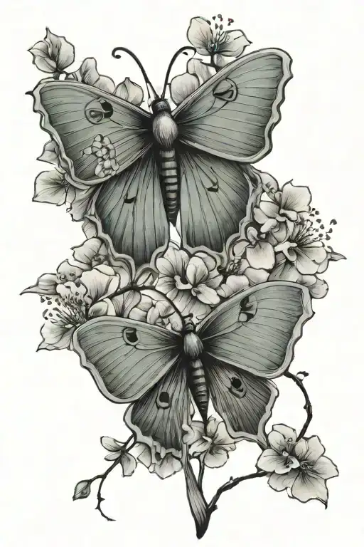 luna moth, ginkgo leaves, cherry blossoms tattoo design idea