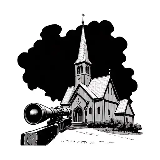 church with sniper rifle pointed at it with extras added tattoo design idea