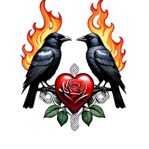 two crows and heart celtic fire rose tattoo design idea