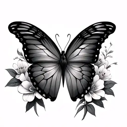 half butterfly half flowers tattoo design idea
