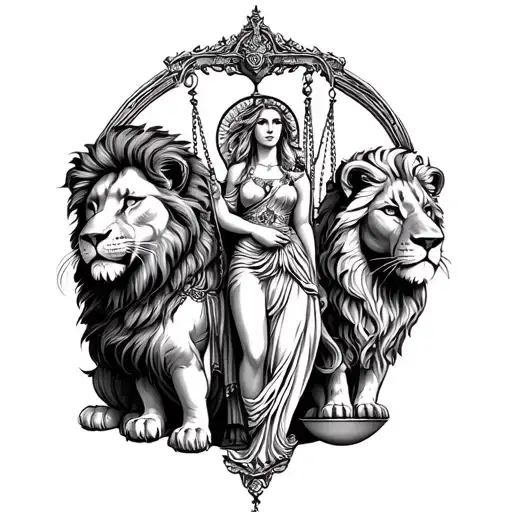 detailed fine line virgo maiden with balancing scales and a male and female lion tattoo design idea