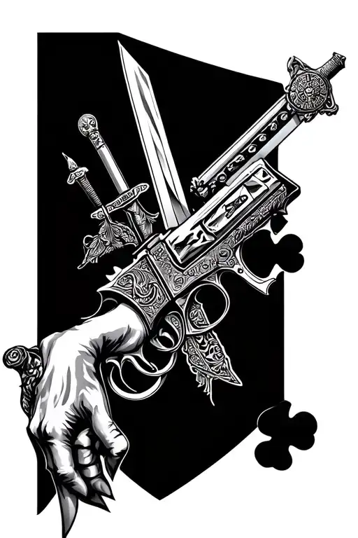 An intricate sleeve design showcasing various weapons like swords, guns, and knives, with a subtle hint of casino elements tattoo design idea