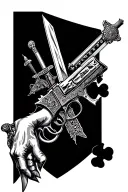 An intricate sleeve design showcasing various weapons like swords, guns, and knives, with a subtle hint of casino elements tattoo design idea