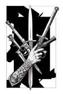An intricate sleeve design showcasing various weapons like swords, guns, and knives, with a subtle hint of casino elements tattoo design idea