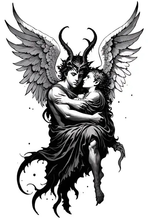 The demon is not particularly complicated, hugs an angel boy tattoo design idea