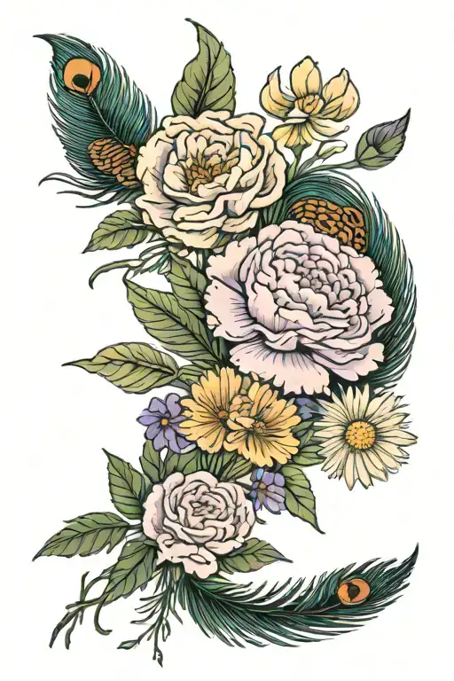 Carnation, violet and primose, marigold and cosmos, peacock feather bouquet tattoo design idea