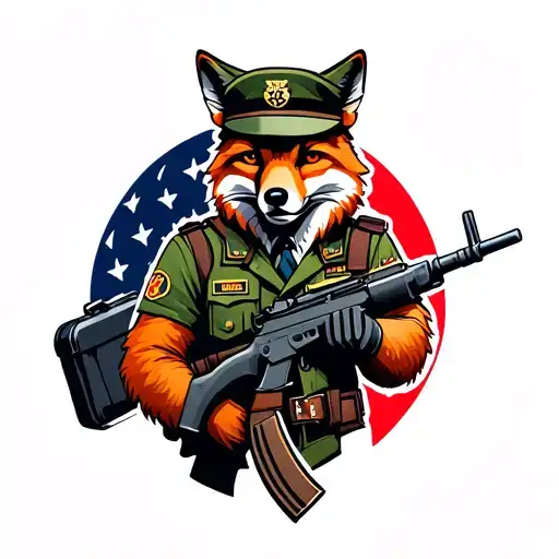 Fox wearing US military uniform. Carrying a rifle and a black case. tattoo design idea