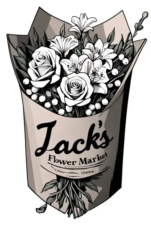 bouquet of roses, daffodils and lily of the valley wrapped in butcher paper with the words "Jacks Flower Market" tattoo design idea