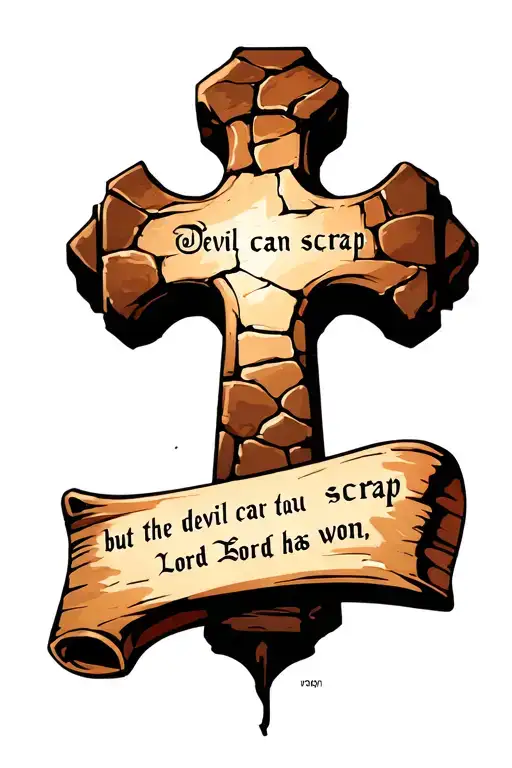 cobblestone cross with writing "the devil can scrap but the Lord has won" in old font on a scroll. with a bowling lane tattoo design idea
