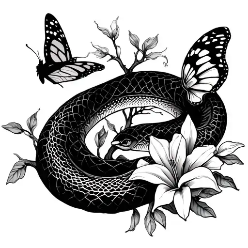 A surreal design depicting a snake coiled around the Tree of Life, with lilies blooming along its body and a monarch butterfly flying nearby tattoo design idea