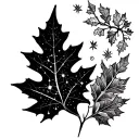 Oak leaf, rowan leaf and Orion constellation intertwined tattoo design idea