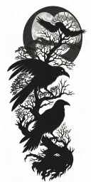 the morrigan goddess, a crow, an old oak tree, moon with bright light tattoo design idea