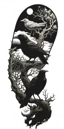 the morrigan goddess, a crow, an old oak tree, moon with bright light tattoo design idea