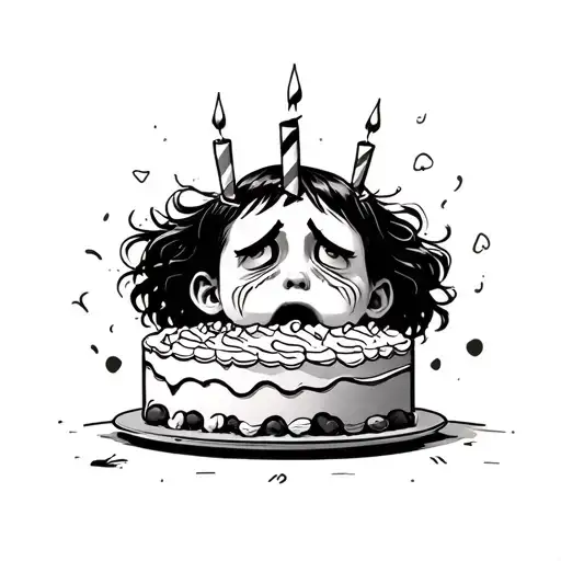 A sad child crying in front of a ugly and little appetizing birthday cake tattoo design idea