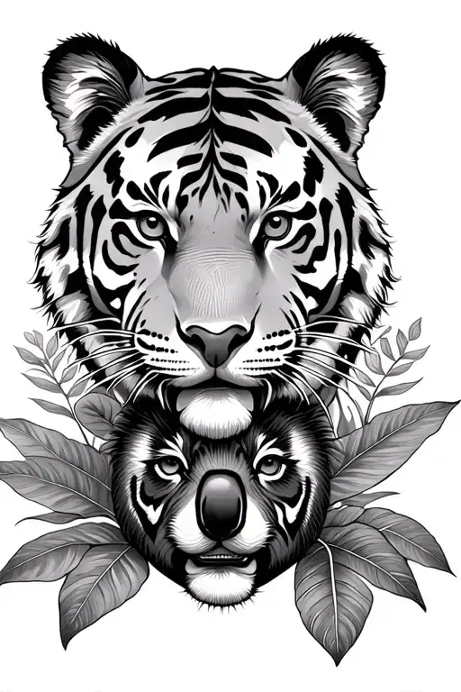 Tiger Face with a koala face below surrounded by plants tattoo design idea