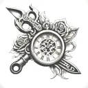 clock and scissors tattoo design idea
