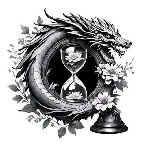 dragon circling an hourglass with flowers on the frame tattoo design idea