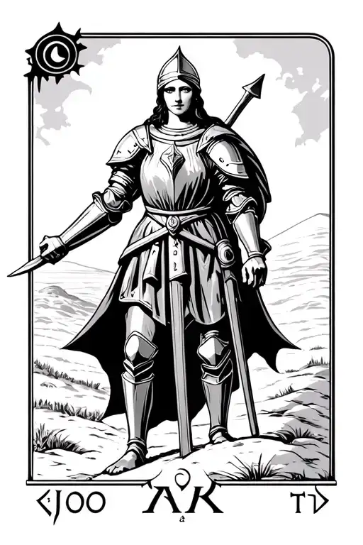 Map of Tarot Joan of Arc in armor on a path looking towards the horizon tattoo design idea