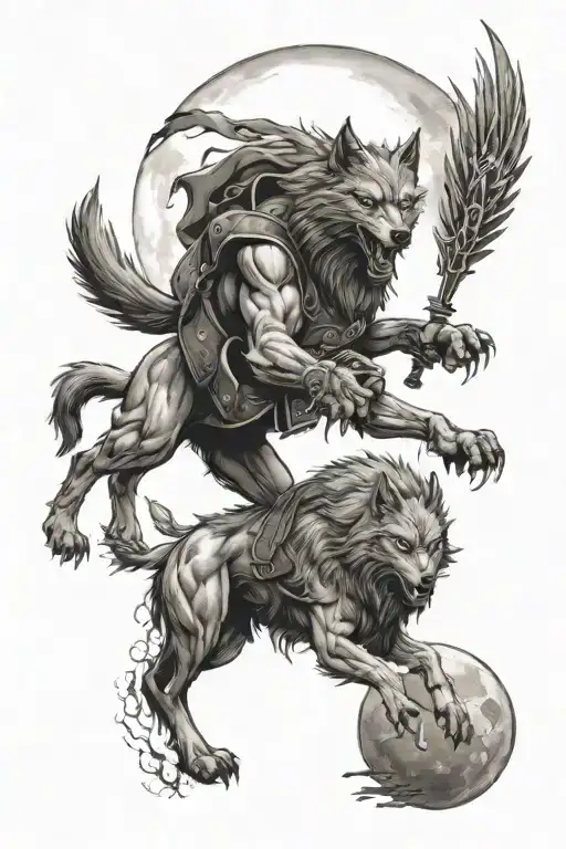 tattoo of a scary wolf on top of the wolf a spartan warrior with a background of flying ravens with a full moon tattoo design idea