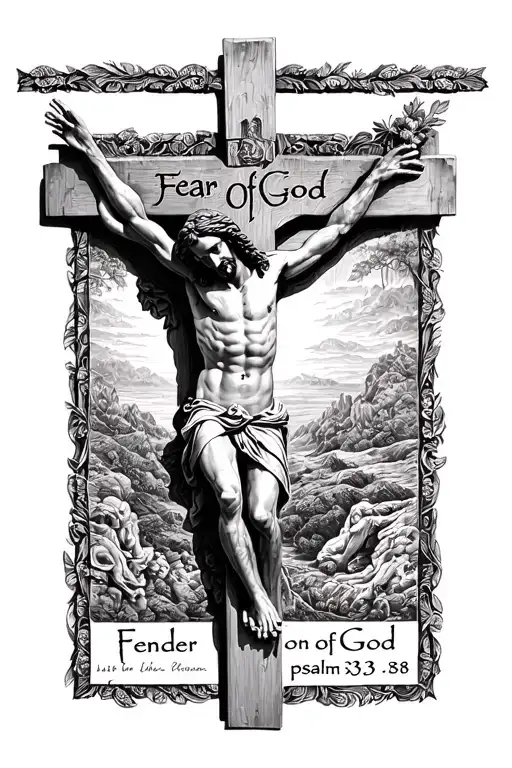 A detailed crucifix tattoo of Jesus and under it, it says “ Fear Of God” and then under Fear Of God it says “psalm 33:8” tattoo design idea