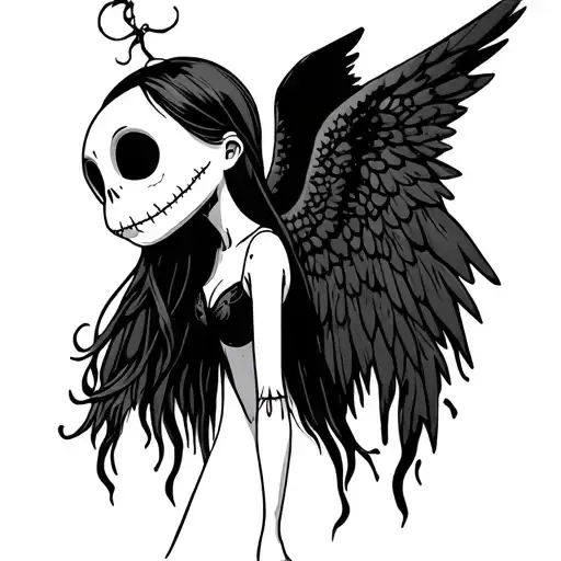 Side profile of Sally from the nightmare before Christmas as an angel with poison Friday the 13th tattoo design idea
