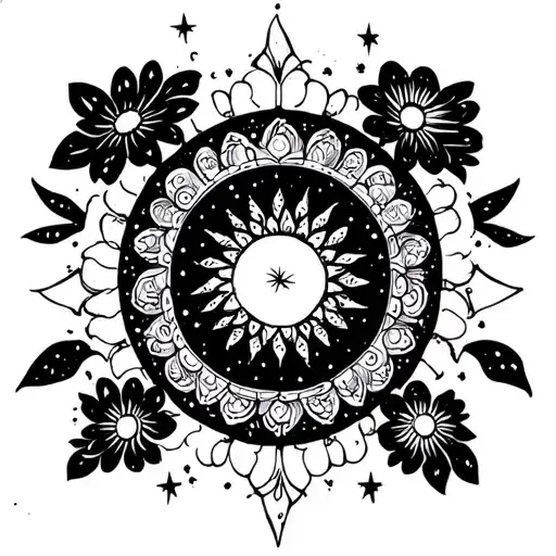 some kind of Indian Mandala with a supernova in space flowers and 22 stars tattoo design idea
