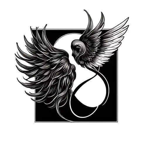 Delicate single‑line tattoo behind the right ear: a looping infinity symbol that transforms into a fluttering angelic wi tattoo design idea