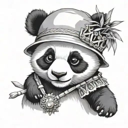 one cute panda eating bamboo with a crown tattoo design idea