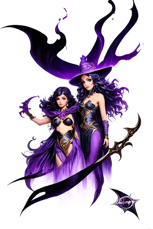 dark magician and dark magician girl with a purple and black background tattoo design idea