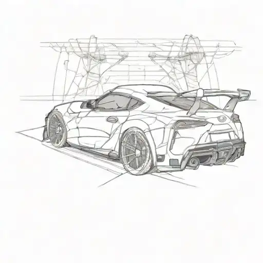 side of toyota supra drawing in style of vitruvian man tattoo design idea