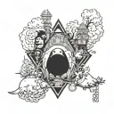 A tattoo design that combines elements from popular anime series with Studio Ghibli's iconic characters and settings, creating a unique crossover artwork tattoo design idea