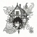 A tattoo design that combines elements from popular anime series with Studio Ghibli's iconic characters and settings, creating a unique crossover artwork tattoo design idea