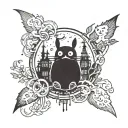 A tattoo design that combines elements from popular anime series with Studio Ghibli's iconic characters and settings, creating a unique crossover artwork tattoo design idea