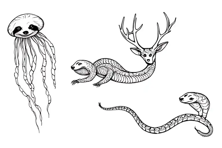 single continuous line with a sloth, jellyfish, and jackalope being surrounded by a rattlesnake  tattoo design idea