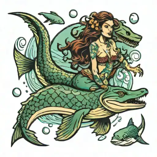 mermaid with large breast swimming with crocodile and shark tattoo design idea
