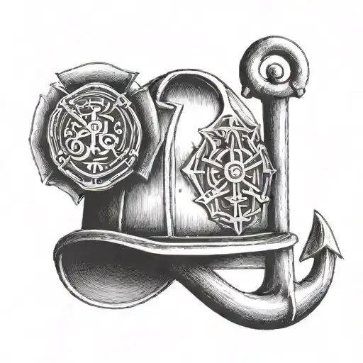 A dotwork tattoo of a firefighter's helmet with a musical note and anchor, representing your dedication to both firefighting and the navy tattoo design idea